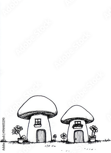 Whimsical mushroom houses illustration with fantasy garden scene