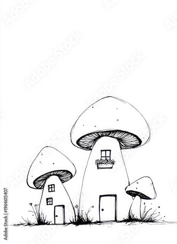 Whimsical mushroom houses illustration with fantasy garden scene