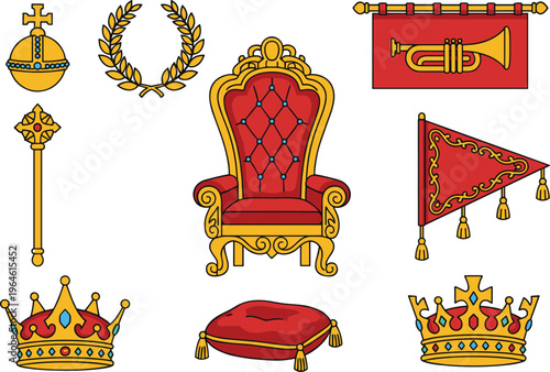 Collection of colorful royal regalia illustrations featuring gold crowns a throne scepter royal orb and ceremonial heraldic banners