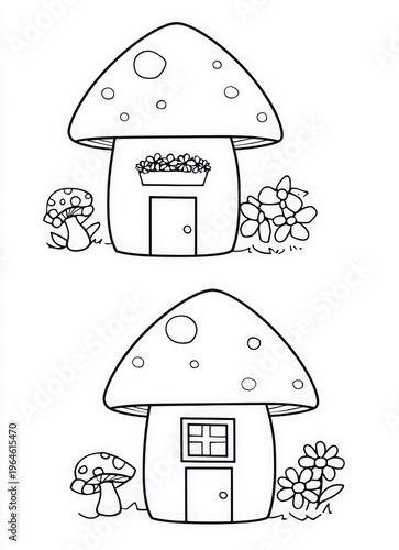 Whimsical mushroom houses illustration with fantasy garden scene