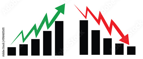 Financial Bar Charts with Zigzag Green Rising and Red Falling Arrows Representing Stock Market Volatility Economic Growth Success Loss and Data Analysis.