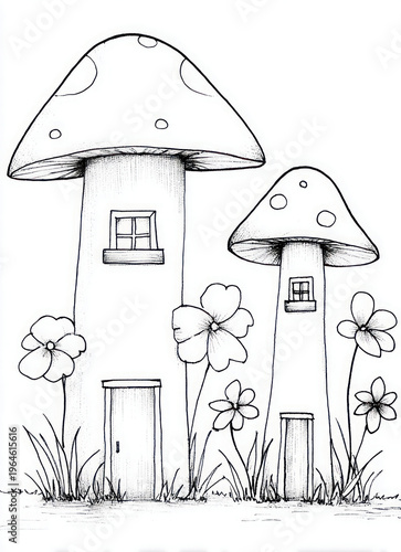Whimsical mushroom houses illustration with fantasy garden scene