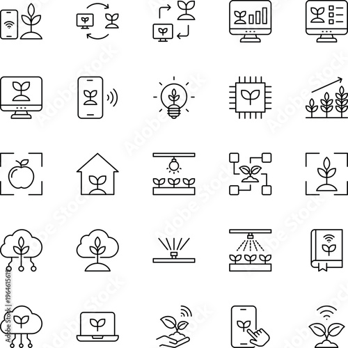 Smart agriculture line vector icon set plant monitor phone irrigation