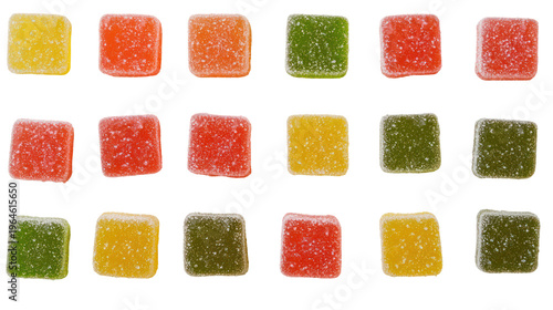 A colorful arrangement of sugar-coated gummy candies on transparent background