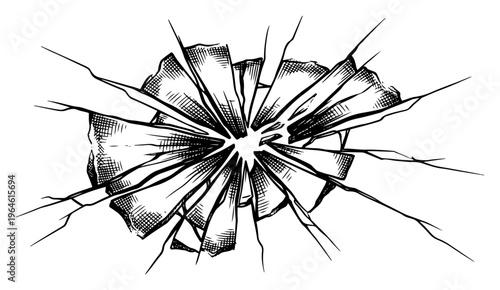 Shattered glass impact with radial cracks and sharp shards in clean line art style