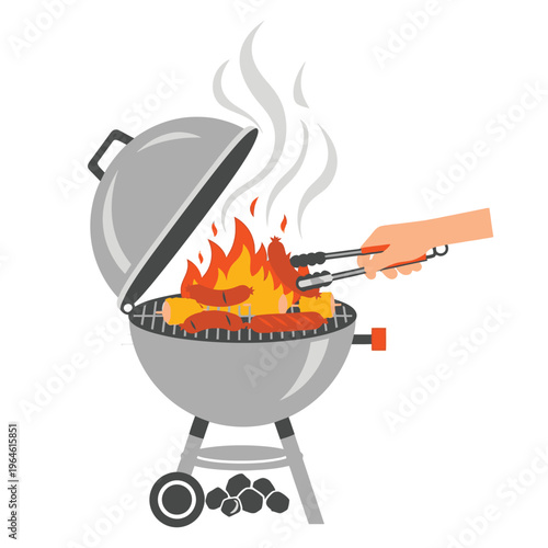 Barbecue grill with sausages and corn cooking over open fire with tongs, flat vector illustration for summer picnic