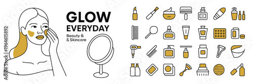 A woman applying skincare products with various beauty and skincare items surrounding her