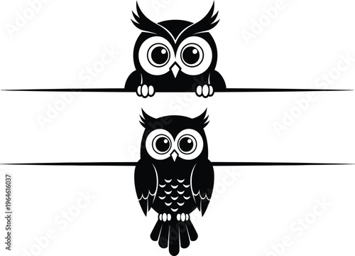 Two owls perched on a horizontal line