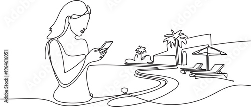 continuous line drawing of young woman hold cell phone around swimming pool at hotel resort. One line draw graphic design vector