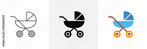  Stroller icon twice used as vector sign, symbol and color illustration,Baby stroller and pram icon set in line, solid and filled outline colorful style.