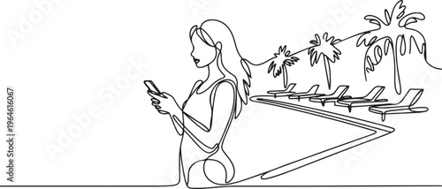 continuous line drawing of young woman hold cell phone around swimming pool at hotel resort. One line draw graphic design vector