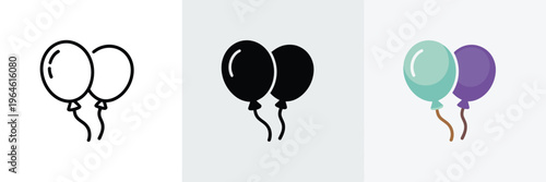 Balloon icon twice presented as vector sign, symbol and color illustration for celebration and baby party,Party balloons icon set in line, solid and filled outline colorful style.