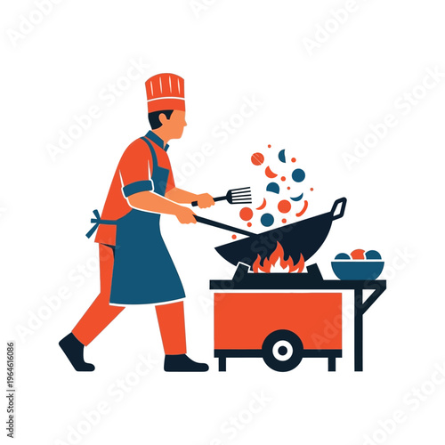Professional chef stir-frying vegetables in a wok over an open flame at a street food cart vector illustration