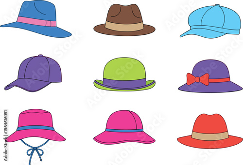 Colorful hats collection set various styles including caps sunhats and fashion headwear accessories illustration for design retail and styling use