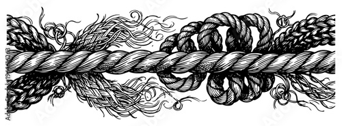 Nautical rope with knots and frayed ends in detailed hand drawn engraving style