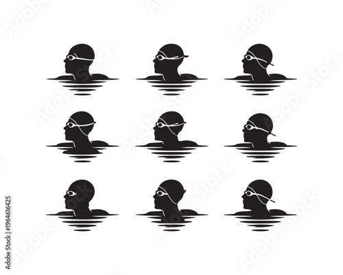 Nine black silhouette of swimmer heads and shoulders emerging from stylized water ripples on a white background