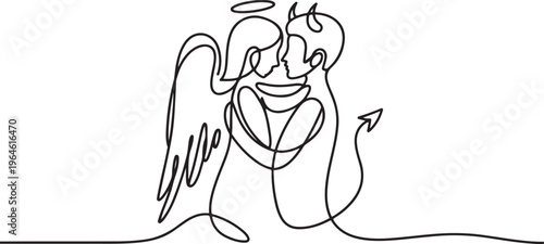Minimalist One Line Drawing of Angel and Devil Couple Embracing Concept of Forbidden Love and Duality