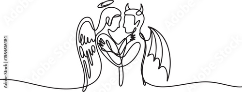 Minimalist One Line Drawing of Angel and Devil Couple Embracing Concept of Forbidden Love and Duality