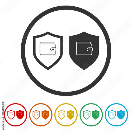  Wallet shield icon. Set icons in color circle buttons