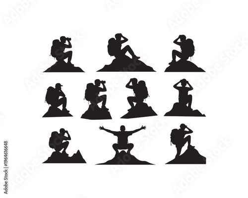Nine Black Silhouettes of Hikers and Photographers on Mountain Peaks Capturing Different Poses and Actions with Backpacks and