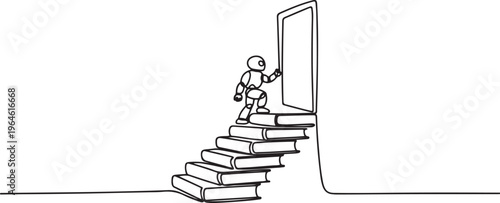 Continuous one line drawing robot climb stairs from the book stack. Towards the wide open door. Metaphor of finding the answers from books. Book festival. One line draw graphic design vector