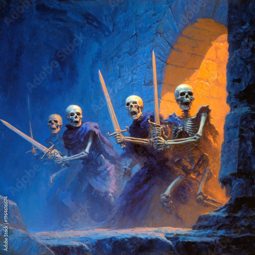 Fantasy skeleton warriors with swords inside dark dungeon battle scene