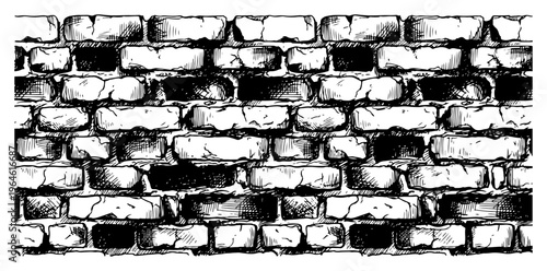 Brick wall texture with weathered stones and aged masonry in vintage engraving style