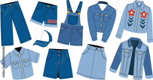Jeans clothes vector set featuring ripped denim casual fashion with cartoon jean jackets, pants, shorts, skirts, dresses and trendy outfits
