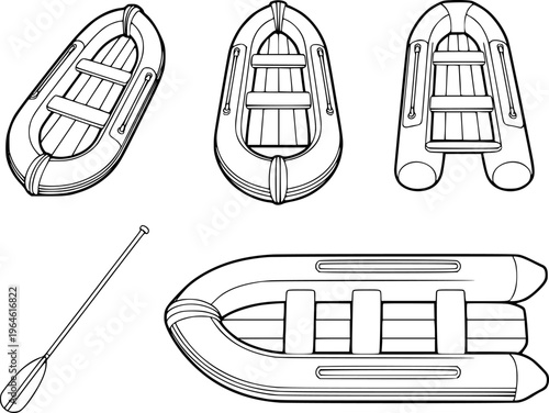 Collection of inflatable dinghy boats and paddle line raft