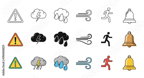 Set of weather warning icons including lightning, rain, wind, running person and bell symbols in outline and filled styles