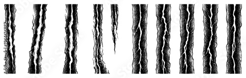 Vertical claw marks and ripped fabric tears in vintage engraving style