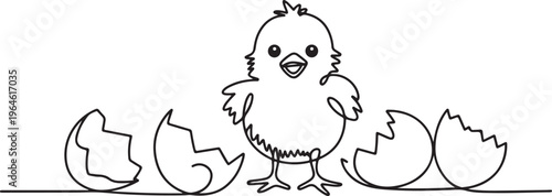 Single Cute Freshly Hatched  Chick with Egg Shell Fragments Smiling and Staring towards camera. One line draw graphic design vector