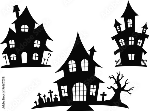 Spooky haunted house silhouettes set with creepy buildings and graveyard elements perfect for Halloween decorations and horror themed designs
