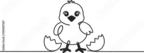 Single Cute Freshly Hatched  Chick with Egg Shell Fragments Smiling and Staring towards camera. One line draw graphic design vector