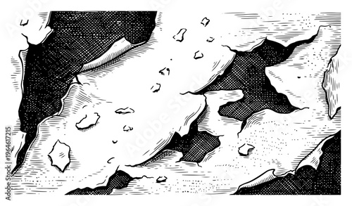 Peeling plaster wall texture with crumbling surfaces in detailed hand drawn engraving style