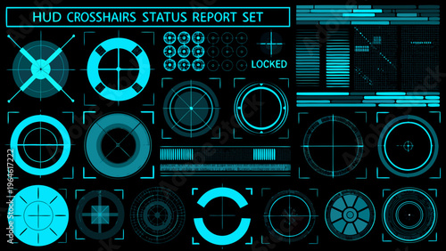 Futuristic hud elements displaying various crosshairs status indicators and locked signals