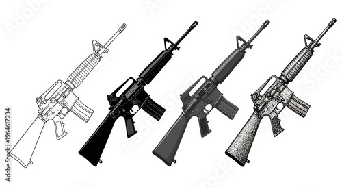 Detailed illustrations of a tactical weapon presented in four distinct artistic styles, from outline to shaded rendering