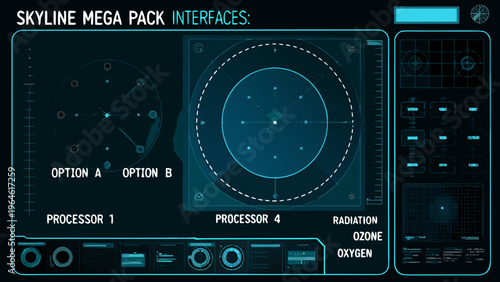 Futuristic interface displaying radar like screens and system diagnostics
