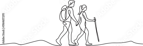 Continuous one line drawing couples hiking man woman traveling in outdoor. One line draw graphic design vector