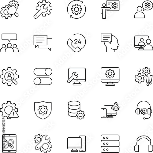 IT service support line vector icon set gear wrench computer phone