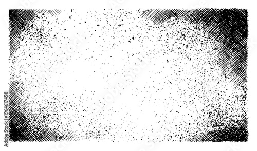 Distressed grainy background with stippled border frame in hand drawn engraving style