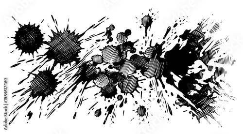 Ink splatters and paint blots with messy stains in cross hatched engraving style