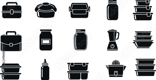 Set of Realistic Food Storage Container Icons and Kitchen Organization Silhouettes Isolated on White Background Including Lunch Boxes Glass Jars Plastic Bins and Blender for Meal Prep DesignSet 
