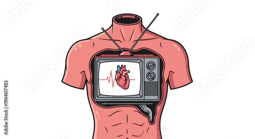 Human Torso with Television Heart Beat Illustration Concept of Media Addiction and Health Medical Visualization Disease and Technology Interplay