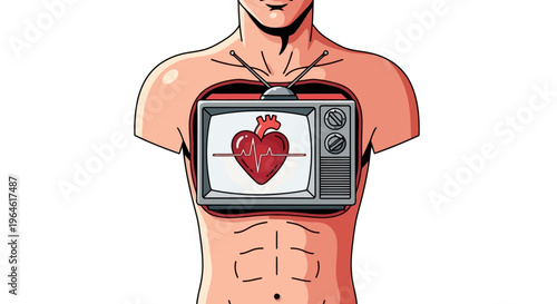 Conceptual Art Depicting Human Anatomy with Television Screen Heart Monitor Illustration Promoting Healthy Body Communication Systems 100 to 150