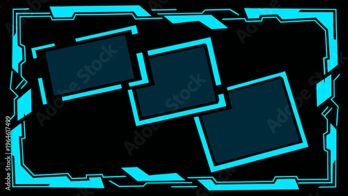 Abstract geometric design featuring nested glowing blue squares on black