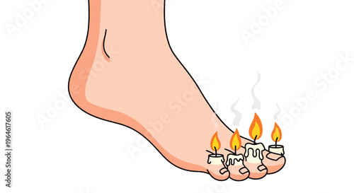 Foot with Burning Candles on Toes Concept Vector Graphic Illustration Health Foot Care Metaphor Well Being Idea Isolated White Background
