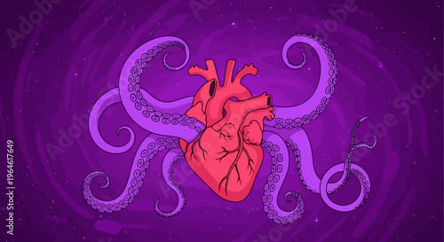 Anatomical Heart Surrounded by Tentacles on Textured Purple Background Representing the All Consuming Nature of Relationships and Deep Emotions