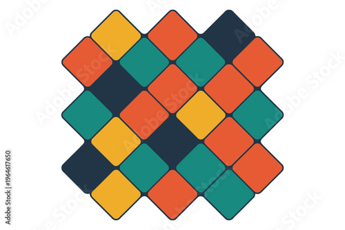 Geometric square pattern design with rounded diamonds in teal orange yellow and navy blue colors on transparent background mosaic style art