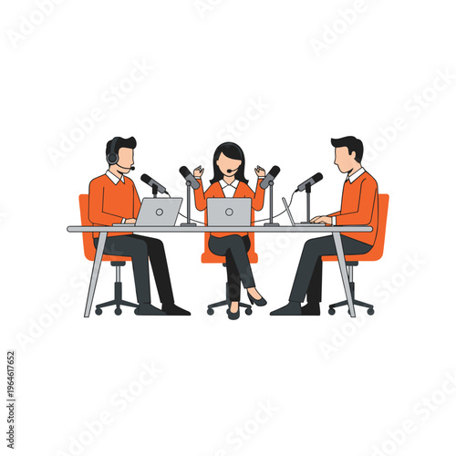 Team of creators hosting professional talk show with microphones and laptops at large table.